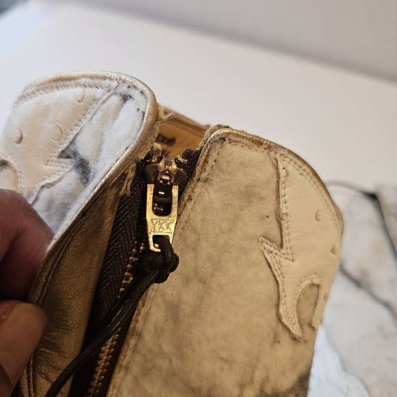 Back At The Ranch White Marble Ostrich Zipper Ankle Cowboy Boots - Picture 6 of 11